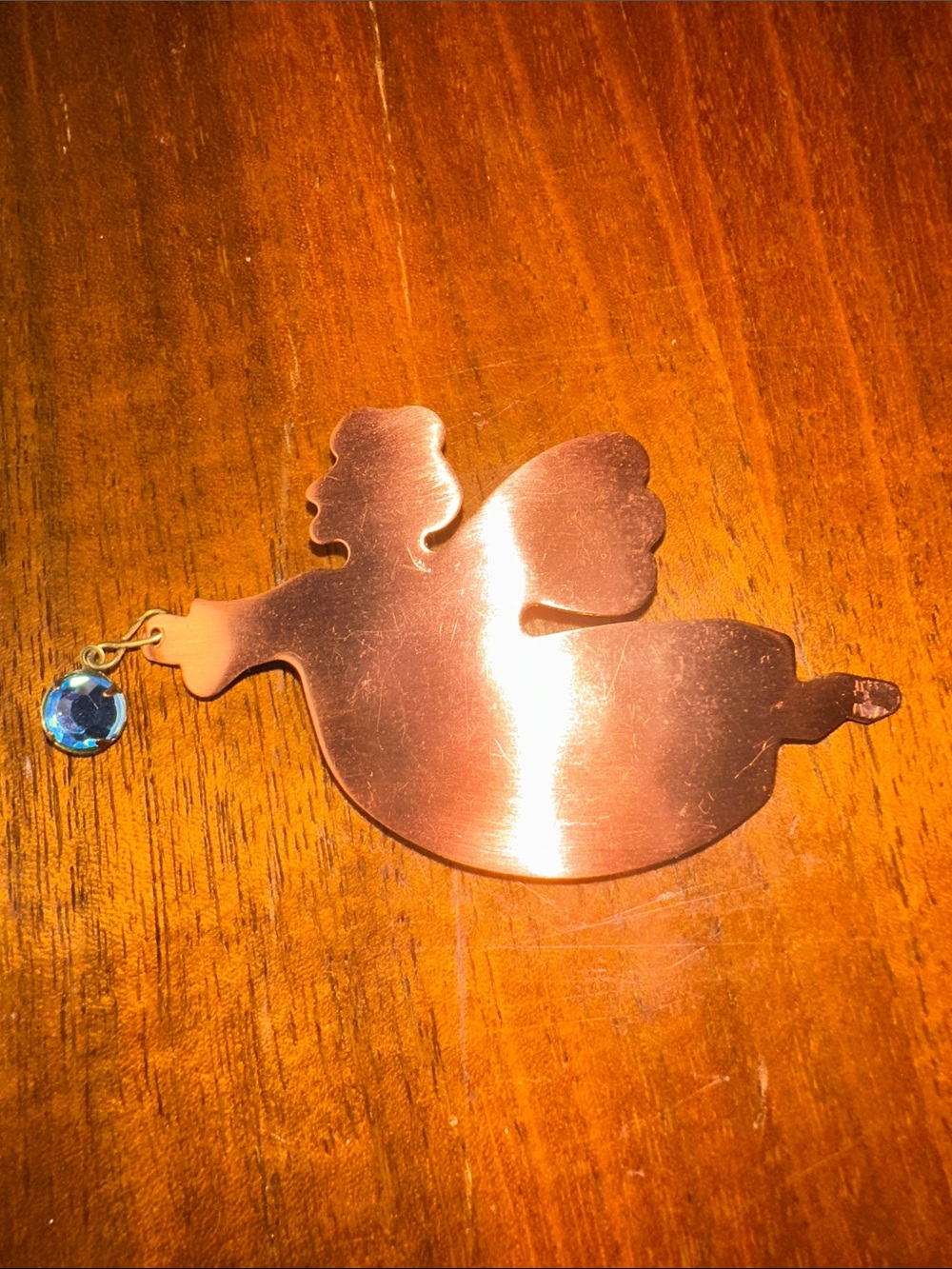 Vintage Copper Flying Angel Brooch with‎ Blue Gem